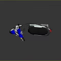 Blue And White Modern Scooter With Black Seat And Reflective Surface On Dark Background