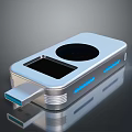 Sleek Silver USB Flash Drive With Round Component Rectangular Screen And Blue Stripes