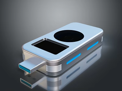 Sleek Silver USB Flash Drive With Round Component Rectangular Screen And Blue Stripes 3d model