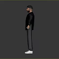 Man in Black Jacket Dark Pants White Shoes with Arms Outstretched on Gray Background