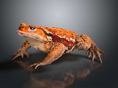 Orange Red Spotted Toad Standing With Reflection On Dark Smooth Surface 3d model