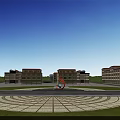 Scenic Commercial Street With Modern Buildings Flower Beds Water Canal And Pedestrians Walking