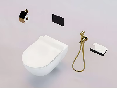 Modern White Toilet With Gold Bidet Sprayer Toilet Paper Roll Black Shelf And Soap Dish 3d model