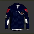 Navy Blue Hooded Jacket With Red Sleeves Striped Design And Chest Emblem
