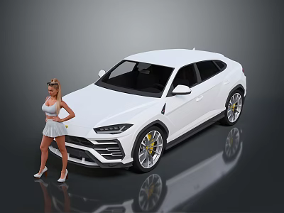 White Luxury SUV Exterior Design With Stylish Female Model Standing Beside 3d model