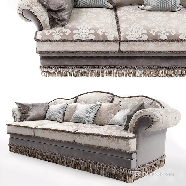 Elegant Three Seater Sofa With Patterned Upholstery Fringe Trim And Decorative Pillows 3d model 