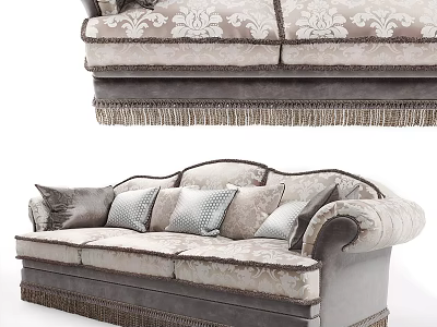 Elegant Three Seater Sofa With Patterned Upholstery Fringe Trim And Decorative Pillows 3d model