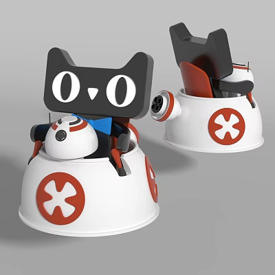 Cartoon Style Robots With Cat Head And Red White Design 3d model