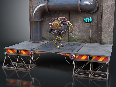 Mechanical Creature With Weapon Standing On Metal Platform With Industrial Pipes And Warning Stripes 3d model