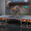 Mechanical Creature With Weapon Standing On Metal Platform With Industrial Pipes And Warning Stripes