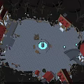 Small Red Roofed Buildings Surround Circular Square With Central Blue Glowing Fountain