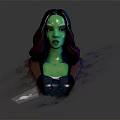 Green Skinned Fantasy Character with Long Dark Hair Facial Markings and Dark Outfit