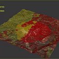 Scenic Green Mountainous Landscape 3D Terrain With Central White Volcanic Crater And Winding Rivers