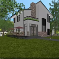 Detached Villa With White Exterior Stone Chimney Large Windows Lush Lawn And Outdoor Deck