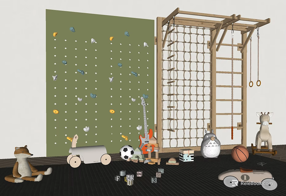 Kids Playroom Stuffed Animals with Climbing Wall Rope Net Toy Cars Soccer Ball and Guitar 3d model 