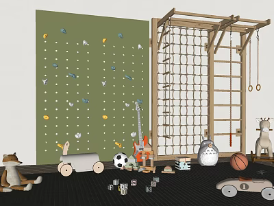 Kids Playroom Stuffed Animals with Climbing Wall Rope Net Toy Cars Soccer Ball and Guitar 3d model