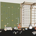 Kids Playroom Stuffed Animals with Climbing Wall Rope Net Toy Cars Soccer Ball and Guitar
