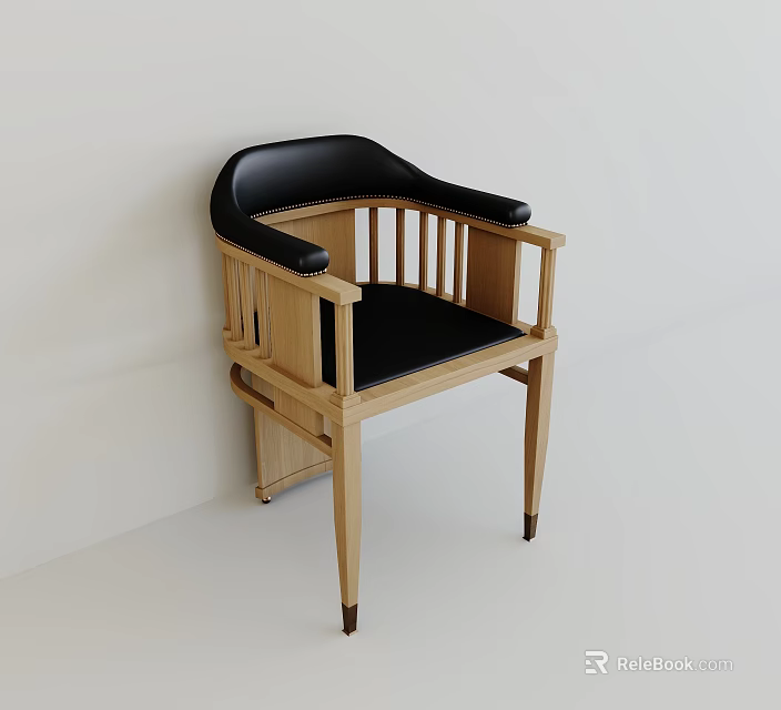 Modern Minimalist Single Chair With Wooden Frame Armrests And Black Leather Seat 3d model 