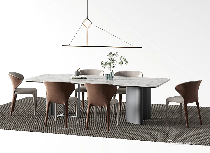 Modern Rectangular Dining Table Set With Marble Top Six Brown Chairs And Pendant Light 3d model