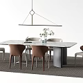 Modern Rectangular Dining Table Set With Marble Top Six Brown Chairs And Pendant Light 3d model