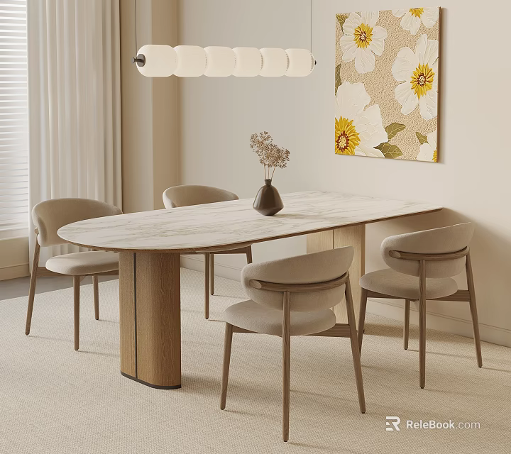 Dining Table Set With Light Marble Top Wooden Base Four Chairs Floral Art And Pendant Light 3d model 