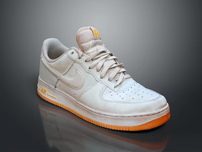 White Leather Lace Up Sneakers With Orange Sole And Yellow Accents Classic Style 3d model