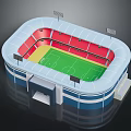 Modern Stadium Architecture With Blue Exterior Red Seats Green Pitch And Floodlights