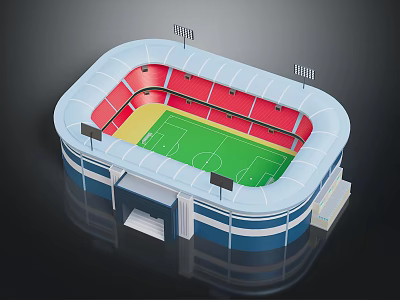 Modern Stadium Architecture With Blue Exterior Red Seats Green Pitch And Floodlights 3d model