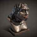 Bronze Human Bust Sculpture With Detailed Facial Features And Textured Hair On Square Wooden Base