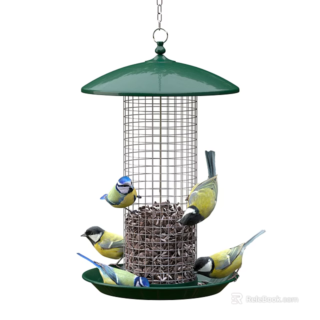 Green Metal Bird Feeder With Perching Birds For Garden Decoration 3d model 