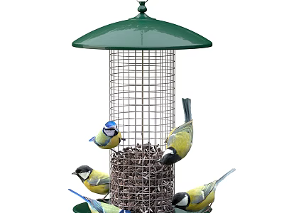 Green Metal Bird Feeder With Perching Birds For Garden Decoration 3d model