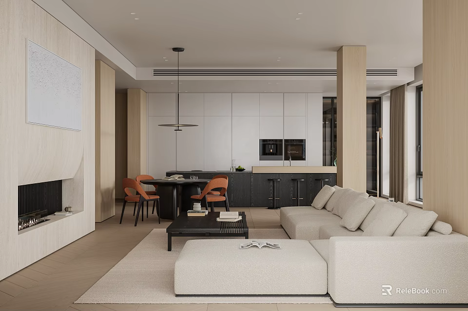 Modern Living Dining Room Interior With Beige Sofa Coffee Table Fireplace And Dining Table 3d model