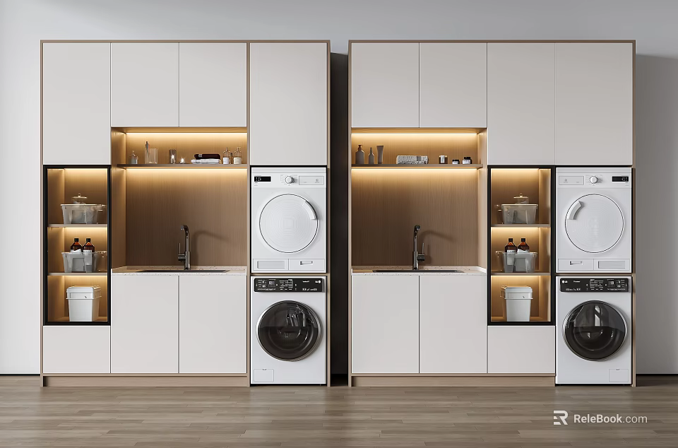 Modern Laundry Room with Lighted Storage Cabinets White Cabinets and Washer Dryer Units 3d model 