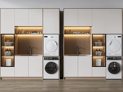 Modern Laundry Room with Lighted Storage Cabinets White Cabinets and Washer Dryer Units 3d model