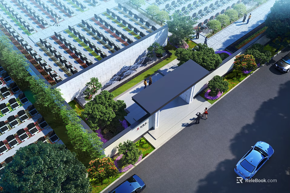 Modern Entrance Gate with Adjacent Building Wall Landscaped Gardens Trees Pedestrians and Nearby Cars 3d model 