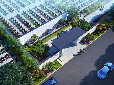 Modern Entrance Gate with Adjacent Building Wall Landscaped Gardens Trees Pedestrians and Nearby Cars 3d model