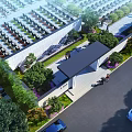 Modern Entrance Gate with Adjacent Building Wall Landscaped Gardens Trees Pedestrians and Nearby Cars