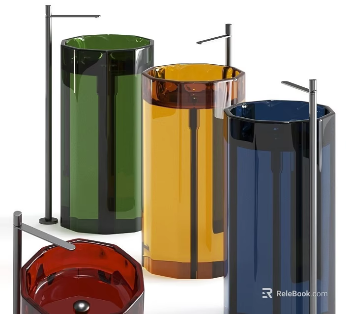 Colorful Transparent Glass Washbasins With Modern Metal Stands In Various Hues 3d model 
