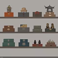 Wooden Display Shelves with Multi-Tiered Design Showcasing Decorative Chests Figurines and Traditional Towers
