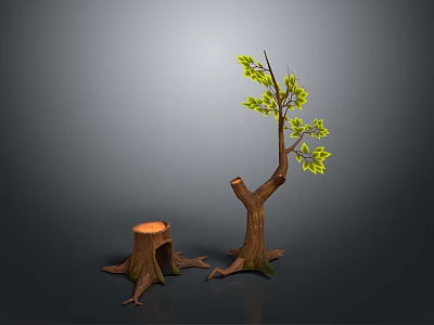 Tree with Green Leaves and Brown Trunk Beside Tree Stump with Roots 3d model