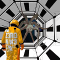 Man In Yellow Astronaut Suit Standing With Orange Hose In Black And White Hexagonal Tunnel
