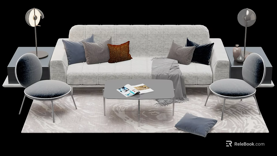 Modern Light Gray Sofa Coffee Table Set with Decorative Pillows Magazine and Stools on Rug 3d model