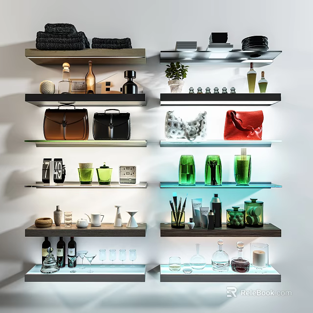 Modern Decorative Ornaments Collection with Vases Bags Cups and Green Bottles on Display Shelves 3d model 