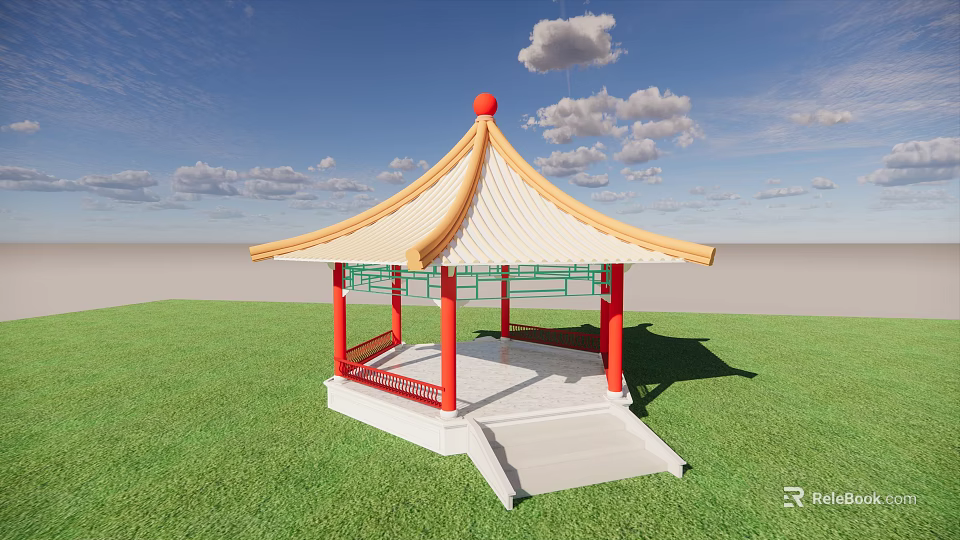 Traditional Chinese Pavilion With Red Pillars Yellow White Roof On Green Lawn Under Blue Sky 3d model 