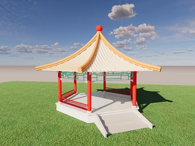 Traditional Chinese Pavilion With Red Pillars Yellow White Roof On Green Lawn Under Blue Sky 3d model