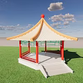 Traditional Chinese Pavilion With Red Pillars Yellow White Roof On Green Lawn Under Blue Sky