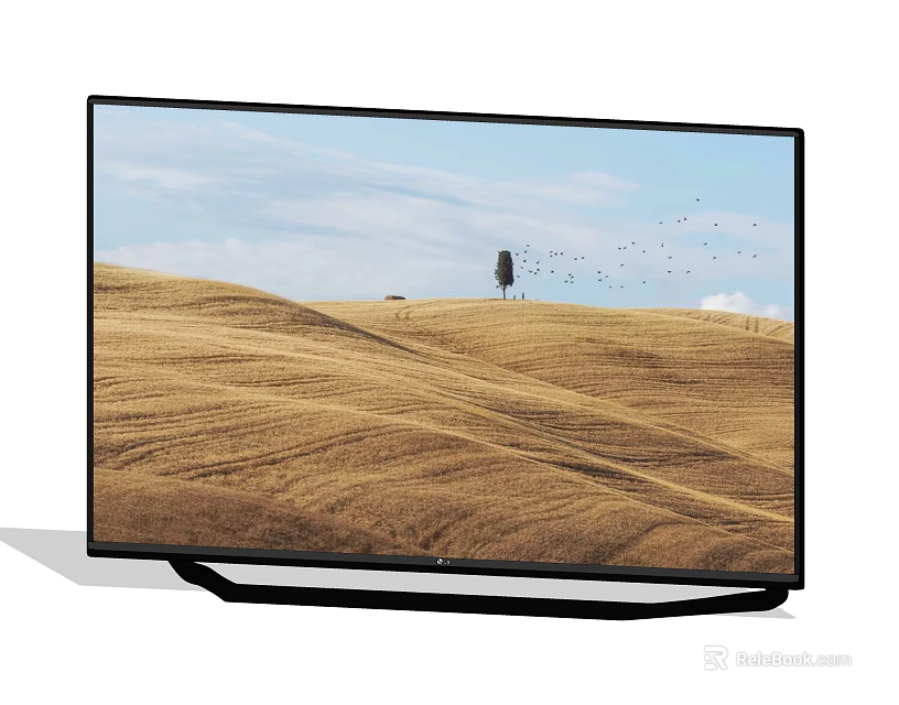 Modern TV Screen Displaying Golden Wheat Field With Single Tree Flying Birds And Blue Sky 3d model 