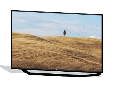 Modern TV Screen Displaying Golden Wheat Field With Single Tree Flying Birds And Blue Sky 3d model
