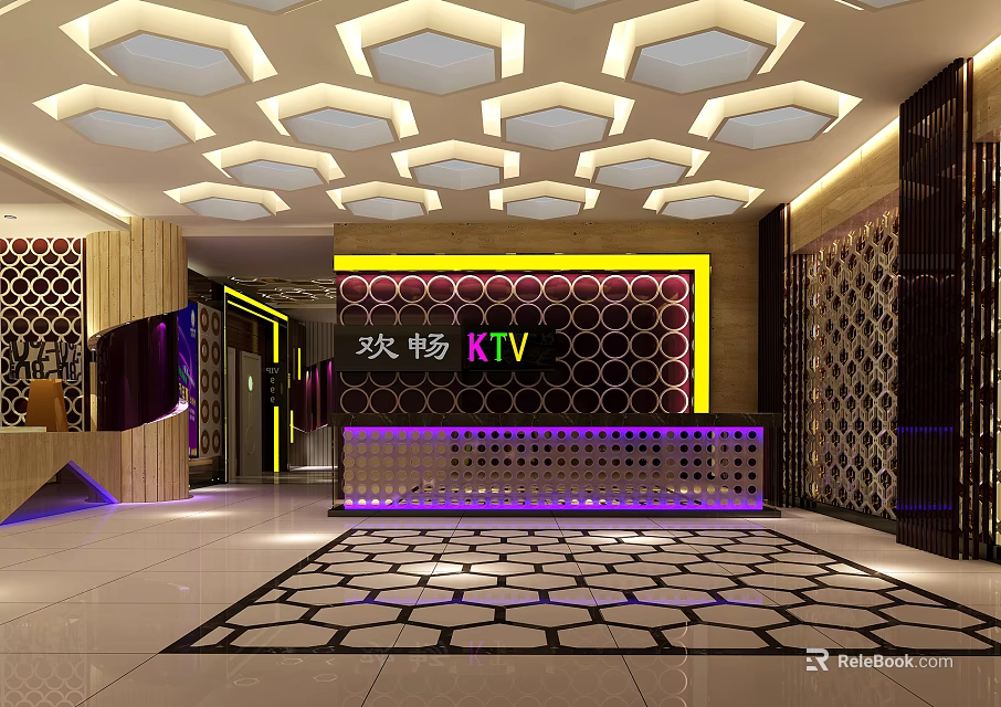 Huanchang KTV Interior With Hexagonal Ceiling Lights Reception Counter And Patterned Floor 3d model