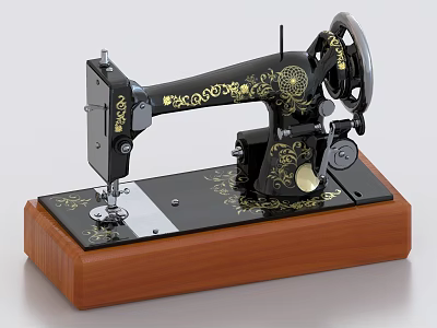 Vintage Sewing Machine With Gold Patterns And Wooden Base 3d model